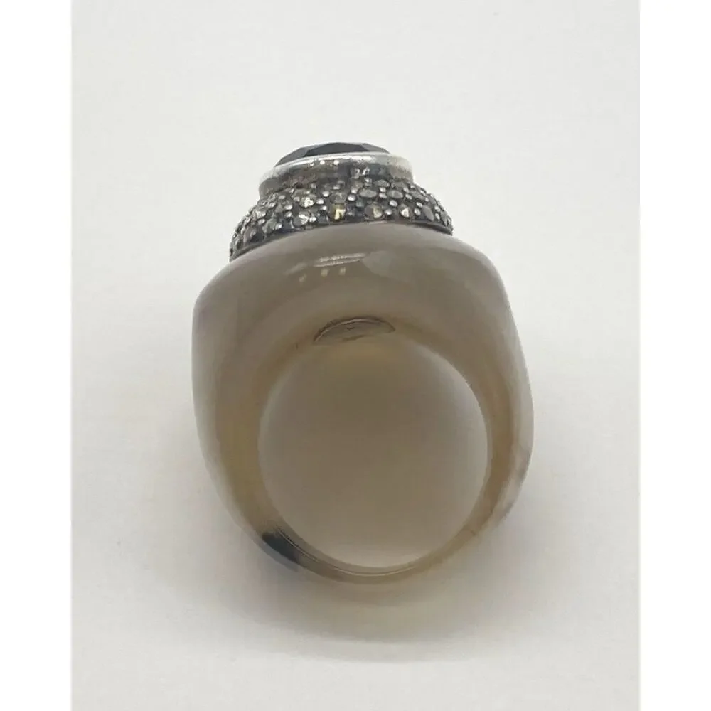 925 Sterling Silver Ring Black Onyx Ring Marcasite Buffalo Horn Art Deco Sz 6